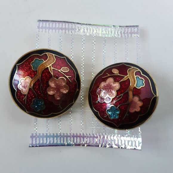 Vintage Floral Enamel Cloisonné Clip On Gold Tone Earrings - Picture 4 of 9